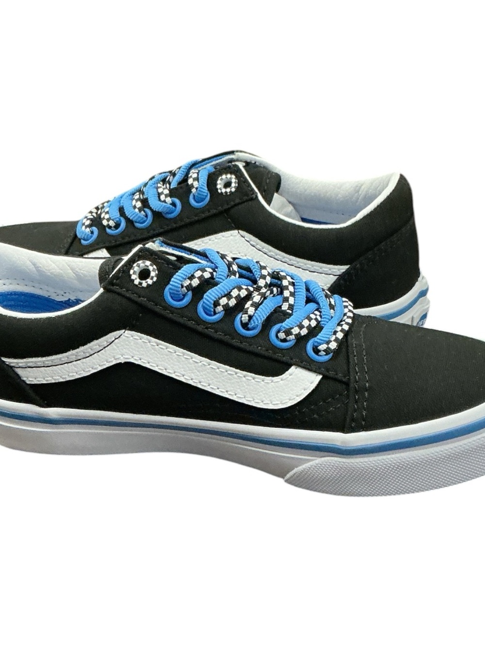 Vans Kids Black and White Skate Sneakers with Blue Laces